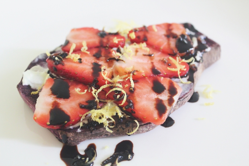 Sweet Purple Sweet Potato Toasts (3 ways):Strawberries & Goats Cheese with Balsamic Reduction