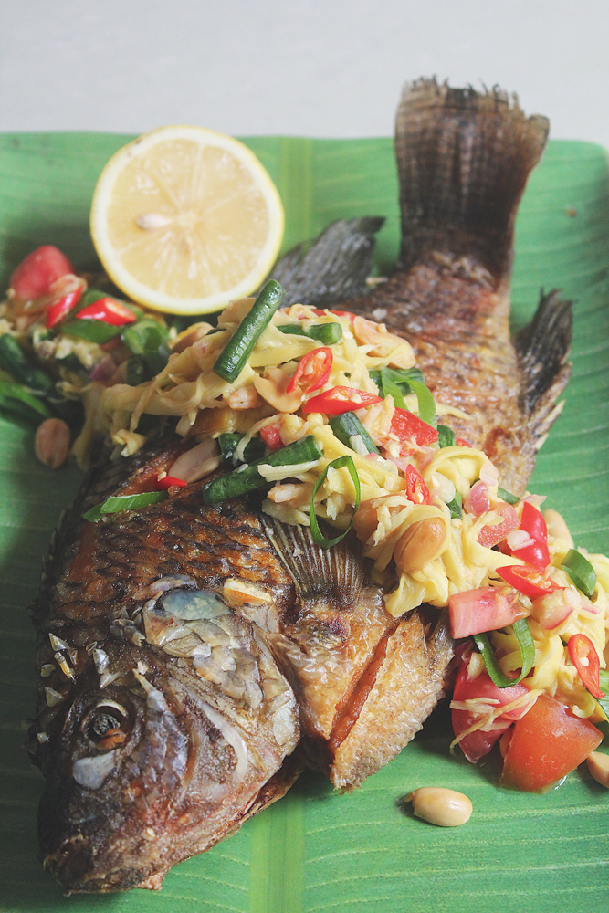 Yam Pla Duk Fu (ยำปลาดุกฟู) Crispy Fish with Green Mango Salad