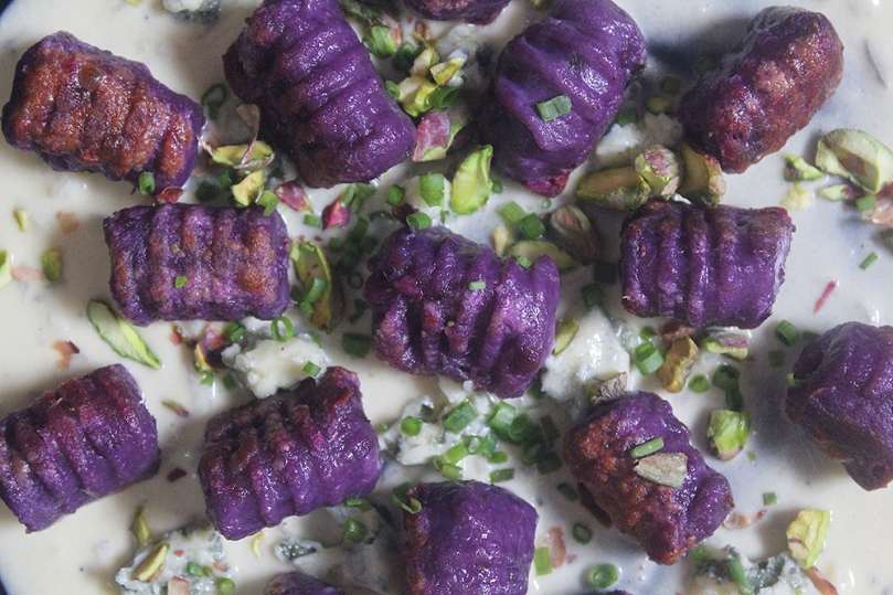 Purple Sweet Potato Gnocchi with Creamy Parmesan Sauce, Danablu & Pistachios